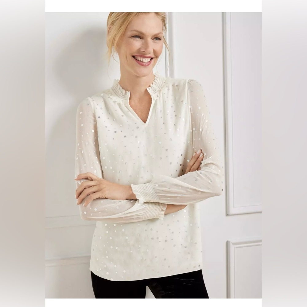 Talbots Smocked Cheerful Dots Top Petite PXL